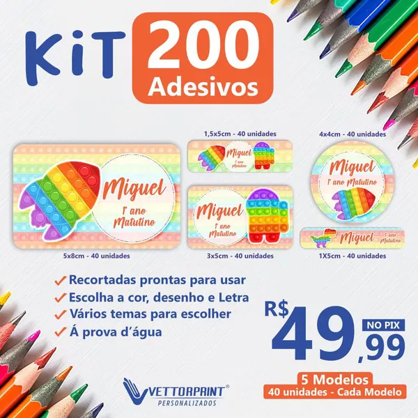 Kit 200 Adesivos Escolares Personalizados